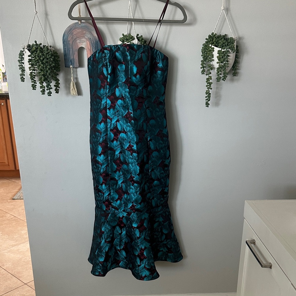 Aidan Mattox Teal Floral Satin strapless Dress with Mermaid Hem size 0